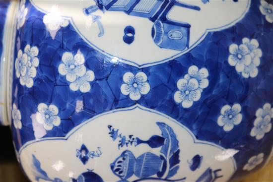 A 19th century Chinese blue and white jar and cover, height 29cm, damaged